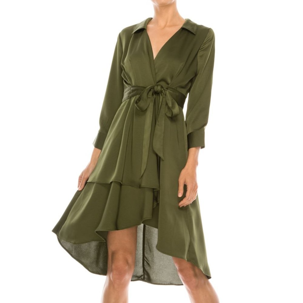 Long Sleeve Solid Party Collar Wrap Midi Dress